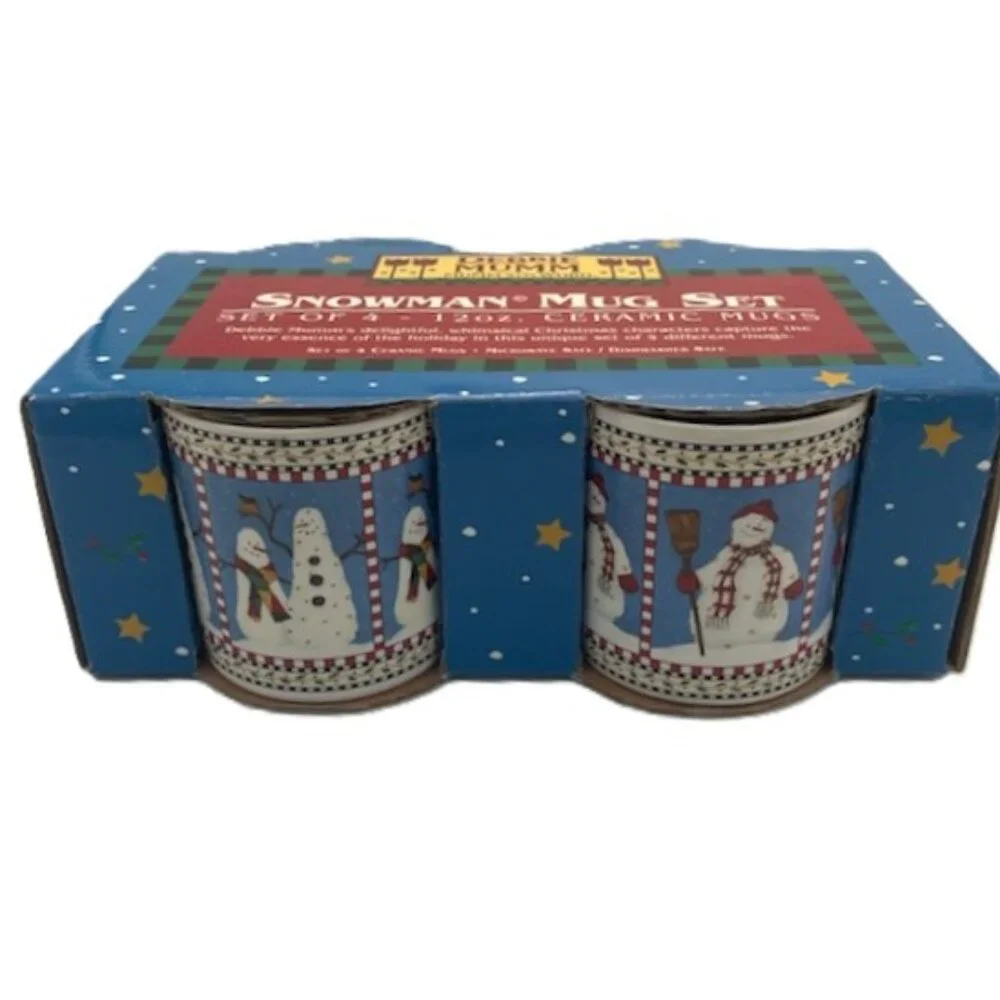 Debbie Mumm‎ Set of 4 Ceramic 12oz Coffee Mugs Snowman Motif Seasonal Holiday